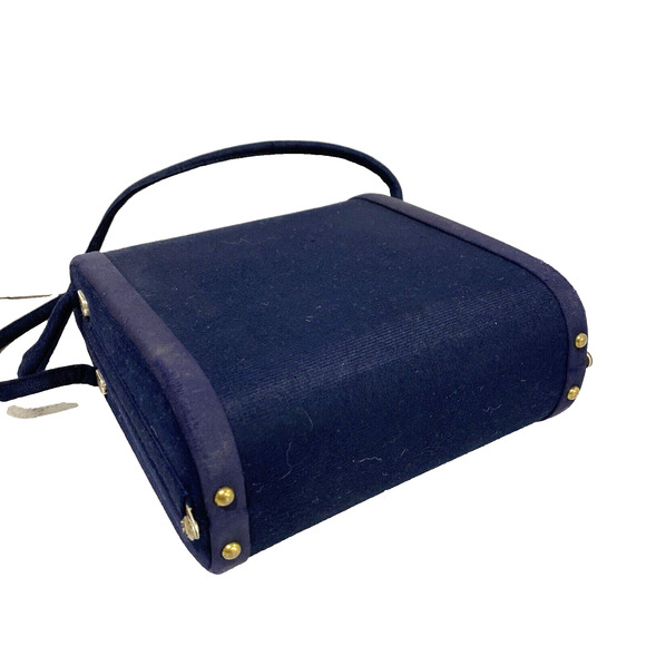 Vintage Mid Century Box Style Hand Bag Top Handle Purse Navy Blue Wool Classic - Picture 4 of 8